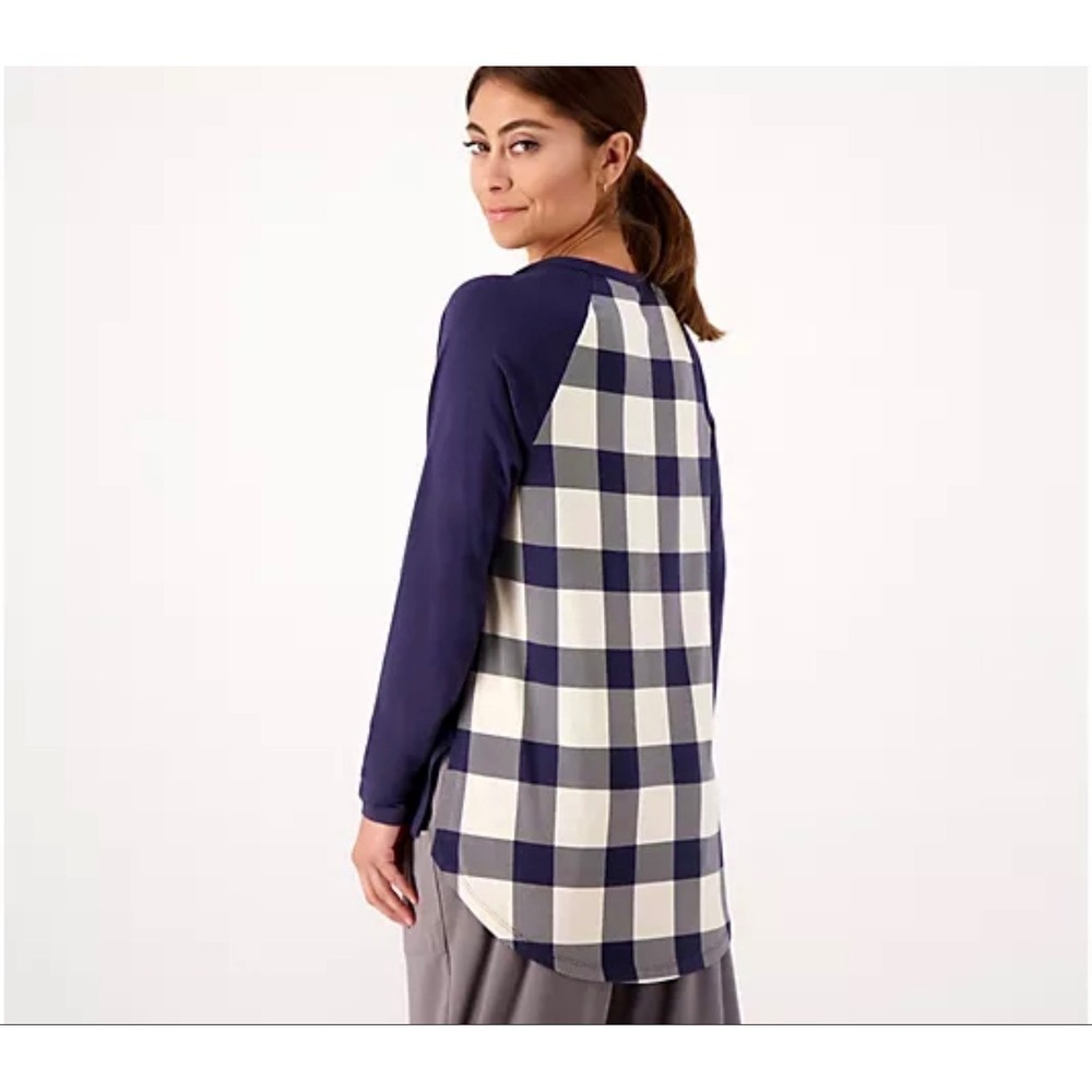 AnyBody Cozy Knit Navy Buffalo‎ Plaid Back Raglan Long Sleeve Tunic Top XXS